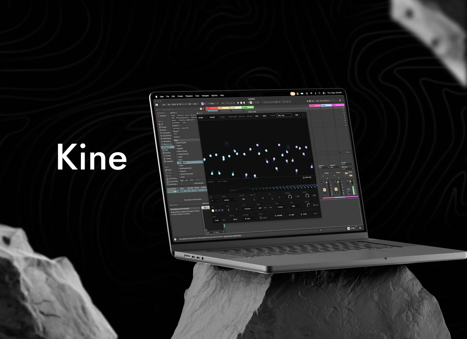 A laptop on a rock showing Kine open in Ableton Live: balls in flight across the dark canvas, the capture lane below and the control strip at the bottom. The name Kine is set beside it.